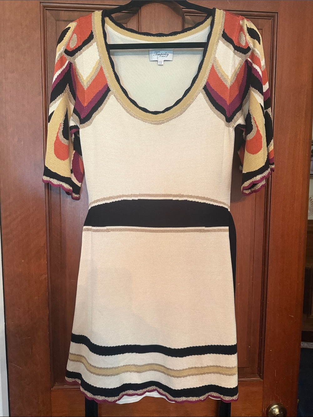 Temperley London Cream Mini Dress with Black, Gold, Rust and Purple Accents